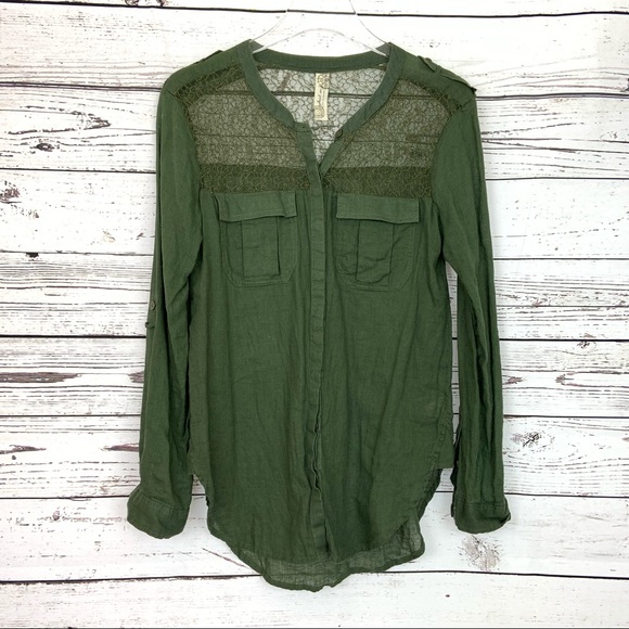 Free People Tops - Free People Blouse Lace Insert Linen Blend Shirt